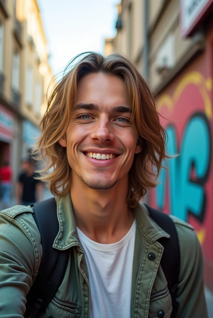 A man with long, straight hair taking a selfie