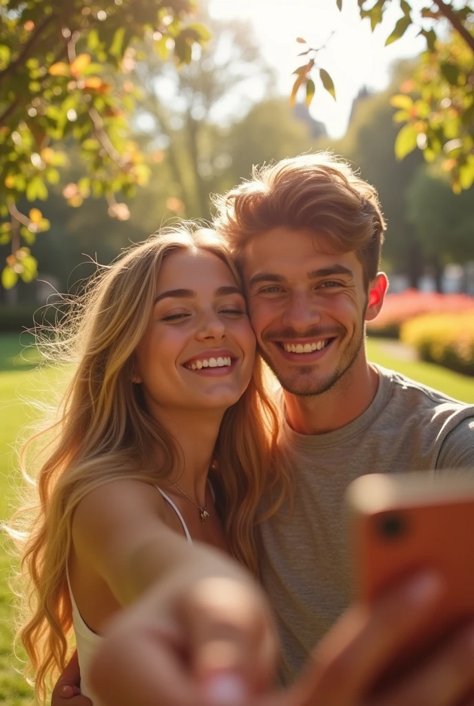 Realistic photo of a selfie of a blonde model, 19 years old. She is being kissed on the cheek by her boyfriend, who is holding her in his arms.