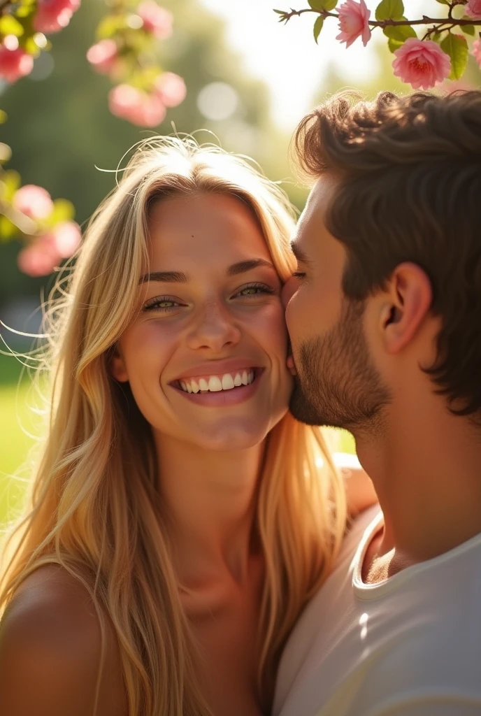 Realistic photo of a selfie of a blonde model, 19 years old. She is being kissed on the cheek by her boyfriend, who is holding her in his arms.