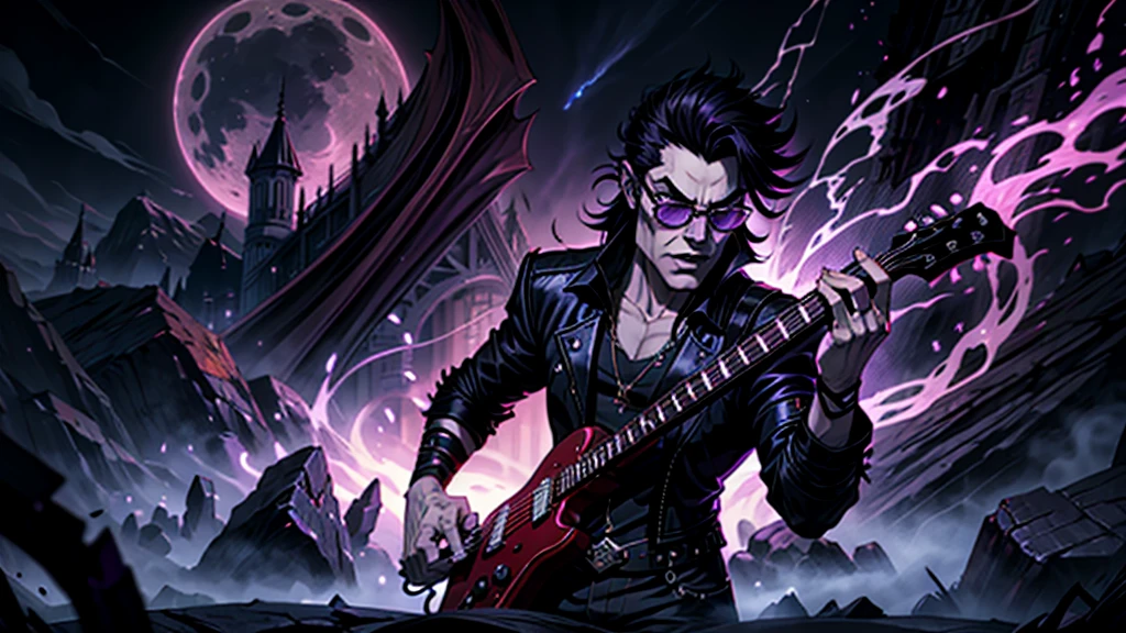 Create a surreal and haunting high fantasy image of a male vampire using dark glasses in a rockstar jacket, "Kaelin Darkshadow", playing a flaming guitar while battling a horde of demonic creatures in a mystical, neon-lit arena. called 'Lunar Fang', is a legendary musician who sold his soul to the devil for unparalleled musical prowess. His music has the power to summon spirits and his guitar solos can shatter the very fabric of reality. background castle in fire purple