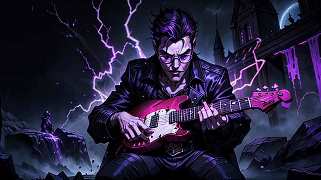 Create a surreal and haunting high fantasy image of a male vampire using dark glasses in a rockstar jacket, "Kaelin Darkshadow", playing a flaming guitar while battling a horde of demonic creatures in a mystical, neon-lit arena. called 'Lunar Fang', is a legendary musician who sold his soul to the devil for unparalleled musical prowess. His music has the power to summon spirits and his guitar solos can shatter the very fabric of reality.  background castle in fire purple