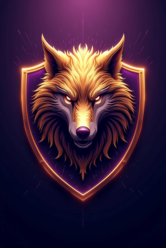 Create a team jersey shield featuring a golden wolf with technological elements.
Replace the blue in the image with purple.