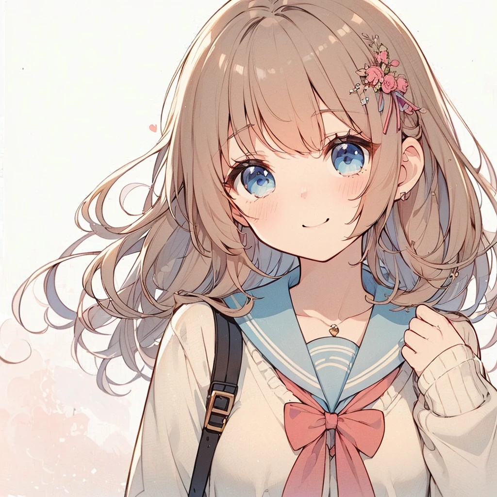 (Exquisite, beautiful, Very detailed, masterpiece, high quality,High resolution),(Well-formed face,Soft and thin lines: 1.2, Beautiful and delicate illustrations with a mature and transparent feel, Pixiv-inspired anime illustration,A beautiful girl illustration with a cute smile in pastel colors that would go viral on Twitter among Japanese people),A fashion model, who looks like a pure college student, is posing like a model.,A delicate face with a translucent quality, (Beautiful smile),(Slightly wavy, flowing medium-length hair), (A pale pink blush, Plump pink lips,Quite a large bust,Fair skin, Good style,Long, Slender legs),Hearts float