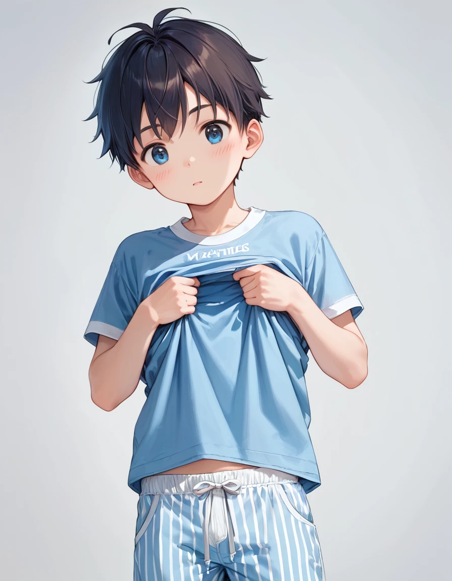 score_9, score_8_up, score_7_up,source_anime, high res image,masterpiece,best quality,boy,cute face,clear skin,kid,blue shirt with white stripes,lifting his shirt,half-naked body,pajama pants,