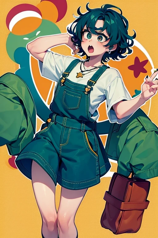 1girl, short curly hair, teal hair, open mouth, teal eye, red overalls, angry expression, star earrings, cross necklace, teal shirt, barefoot