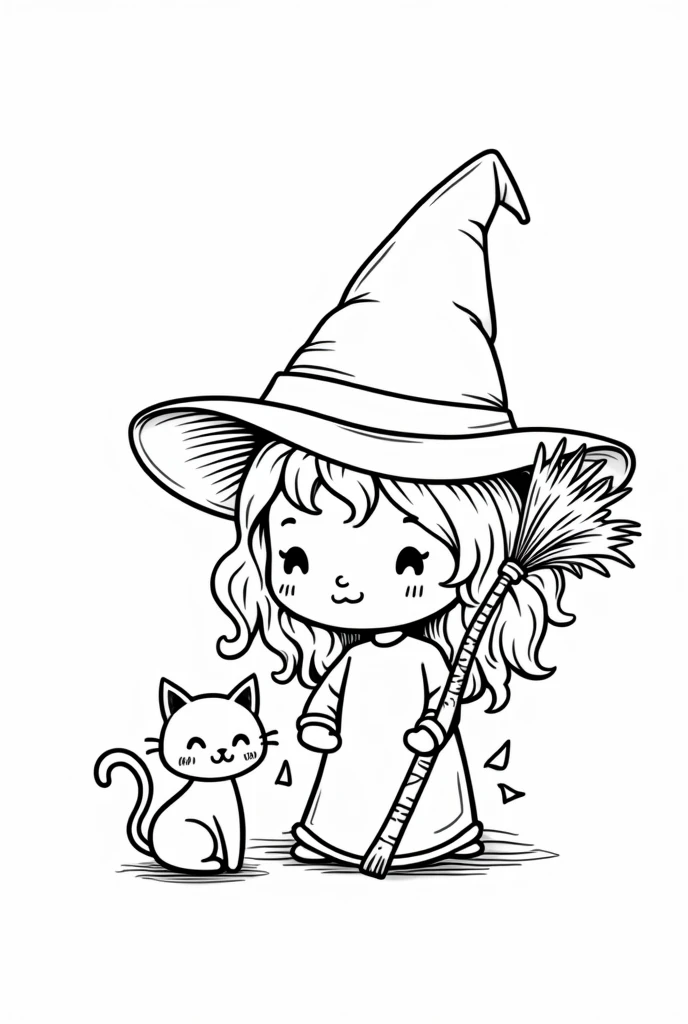 Cute and Kawaii Halloween Trick or Treat coloring Page, simple for toddlers, bold and easy, black boldlines, White background, for a coloring book black and white, line art, only outlines, but the design is simple and bold, no greyscale