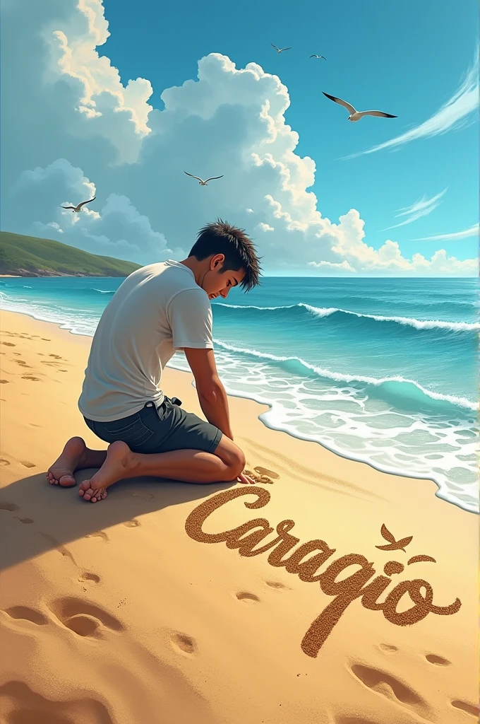 Eli wrote 'Caração' in the sand on the beach, as real as possible