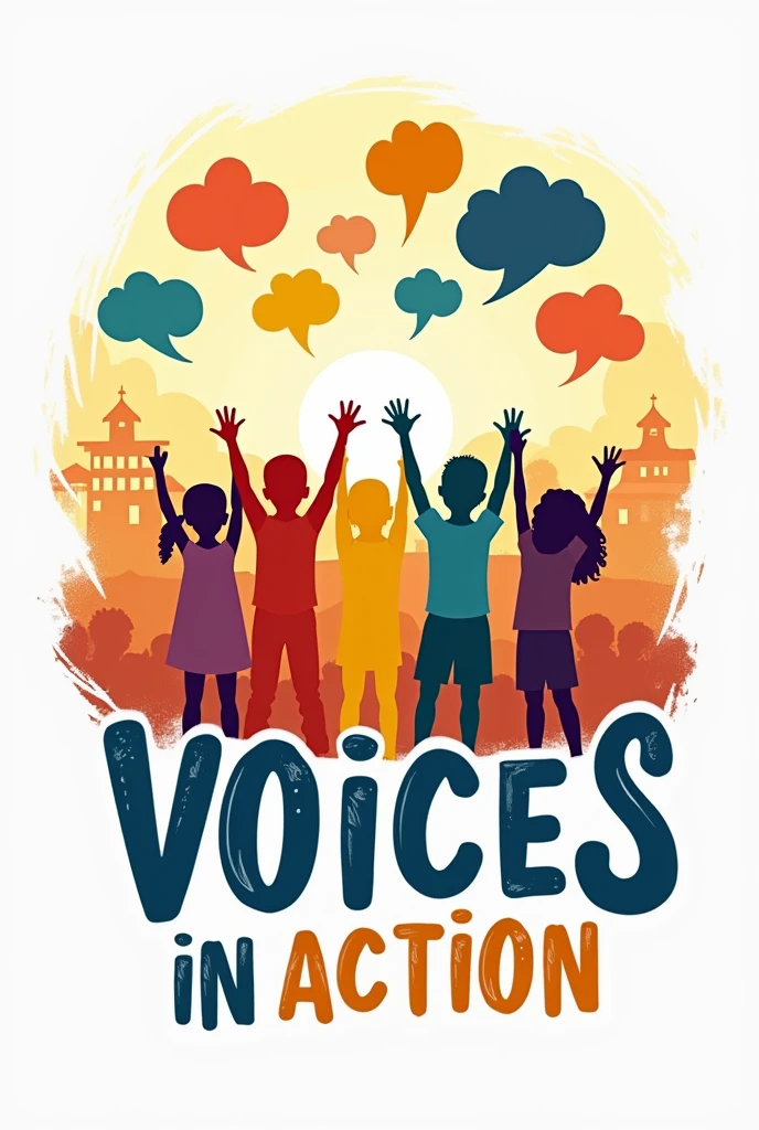 CREATE A LOGO FOR THE FOLLOWING PROJECT: ### project: "Voices in Action: Active Participation of Children, girls and adolescents"

#### **Foundation**

In today's society, it is crucial to recognize and value childhood and adolescence as social actors with rights, capabilities and potentialities that must be heard and taken into account in decision-making that affects their lives. However, systematic exclusion of these age groups in participation spaces is often observed, which limits their ability to contribute to the construction of a more just and equitable society.

The "Voices in Action" arises from the need to create and strengthen spaces of active participation for children, girls and adolescents, recognizing them as rights holders and protagonists of their own stories. This approach is based on the Convention on the Rights of the Child, which establishes the right of children and adolescents to express their opinions freely on all matters that concern them and for their opinions to be taken into account.

#### **General Objectives**

1. **Promote active participation:** Create safe and accessible spaces where children, girls and adolescents puedan expresar sus ideas, concerns and proposals on issues that directly affect them.
   
2. **Promote human rights education:** Educating Children, girls and adolescents sobre sus derechos y cómo pueden ejercerlos de manera efectiva en su vida cotidiana y en la comunidad.

3. **develop life skills:** Strengthen skills such as communication, critical thinking, teamwork and decision-making in participants, so that they can participate effectively in society.

#### **Specific Objectives**

- **Dialogue Spaces:** Establish work groups in schools, community centers and public spaces where issues relevant to children and adolescents are discussed, like education, Environment, Equality