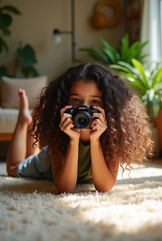 A brunette girl with curly hair and big breasts sits with her legs stretched out, taking a realistic photo