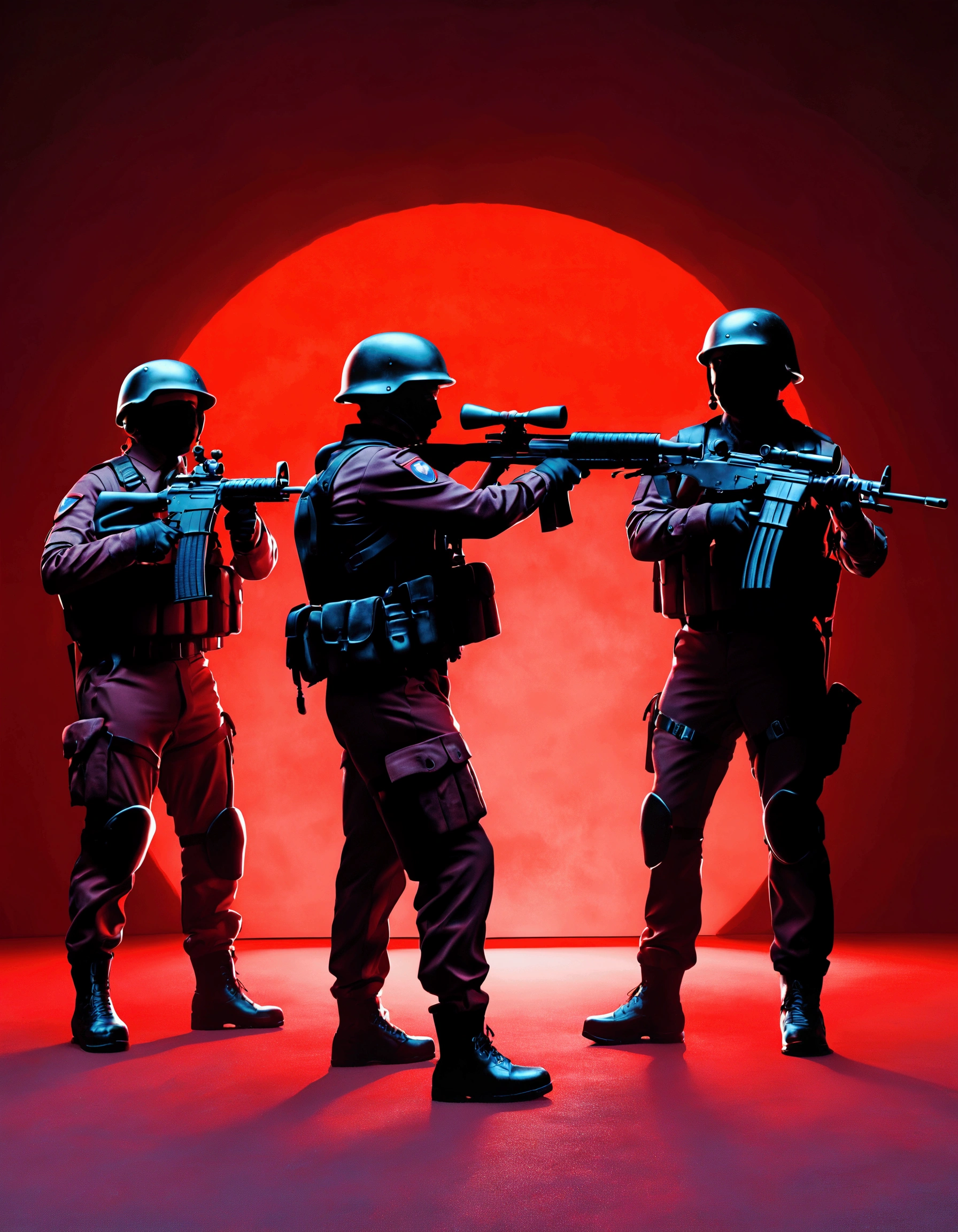 UHD, masterpiece, anatomically correct, super detail, best quality, textured skin, award winning, 4K, Dramatic, high-contrast digital artwork featuring three soldiers in tactical gear, set against a vivid red background. The layout is centered, with one soldier kneeling in the foreground and two standing behind him, all aiming their rifles forward. The soldiers are depicted in dark silhouettes, highlighting their gear and weapons. The background is a gradient of red, creating a sense of intensity and urgency. There is a small, circular logo in the bottom right corner, featuring a hexagonal shape with a stylized design inside, in a slightly darker red hue. The overall composition conveys a sense of action and readiness.