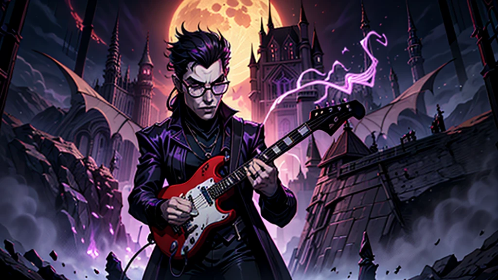 Create a surreal and haunting high fantasy image of a male vampire using dark glasses in a rockstar jacket, "Kaelin Darkshadow", playing a flaming guitar while battling a horde of demonic creatures in a mystical, neon-lit arena. called 'Lunar Fang', is a legendary musician who sold his soul to the devil for unparalleled musical prowess. His music has the power to summon spirits and his guitar solos can shatter the very fabric of reality. background castle in fire purple