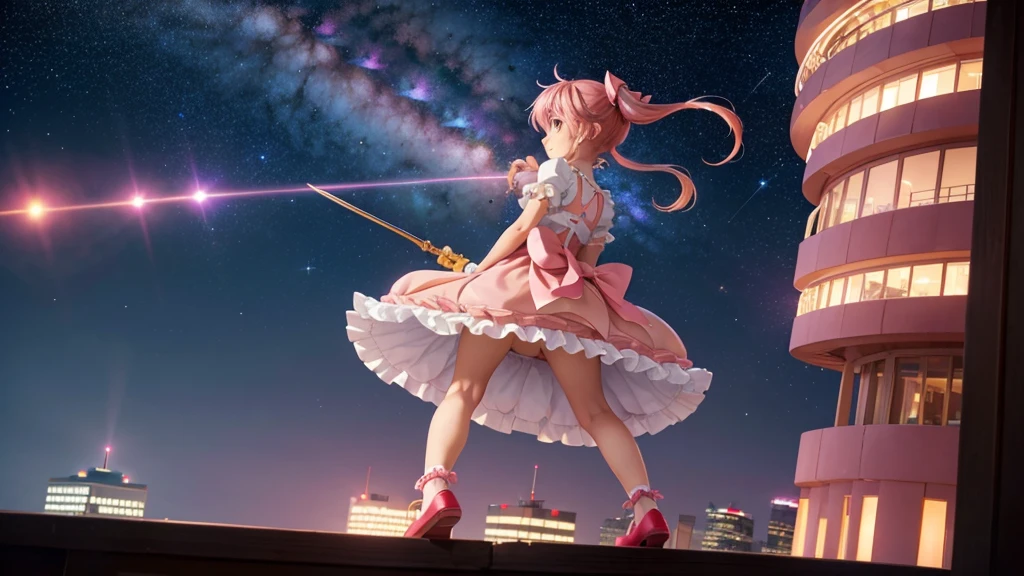 a girl on the top of a skyscraper,  looking at viewer, blush, sky, night, starry sky, galaxy, outdoors, cityscape, full body, bow \(weapon\), from back, bobby socks, 
 1girl, kaname madoka, pink hair, frilled dress, red footwear, view from below, under the skirt, beautiful face, beautiful legs