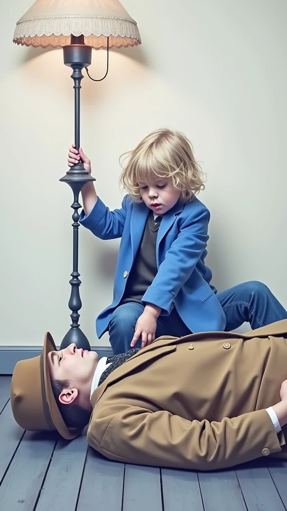 Make a drawing of this boy who is next to this man in a hat being extinguished by chloroform with a cloth on his face and sleeping.