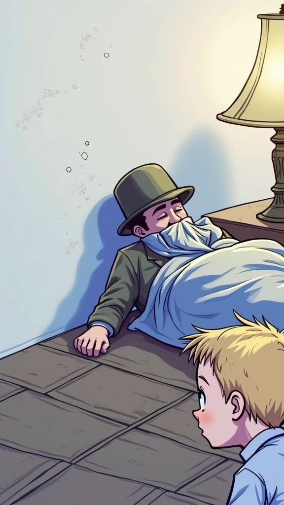 Make a drawing of this boy who is next to this man in a hat being extinguished by chloroform with a cloth on his face and sleeping.