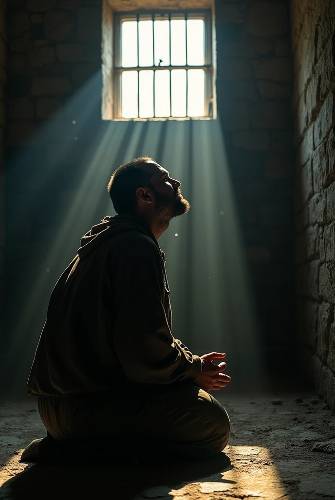(photorealism:1.2), man in prison praying , with a scapular in hand