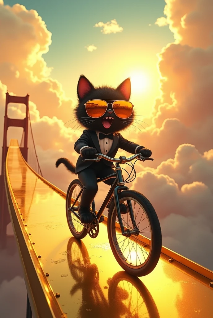 Fantasy animated illustration, Running across a bridge made of gold, cute black cat boy in a tuxedo with sunglasses singing while riding a bike on a golden bridge in the sky at dawn, Sunlight shining through the clouds, Aerial, pop colors