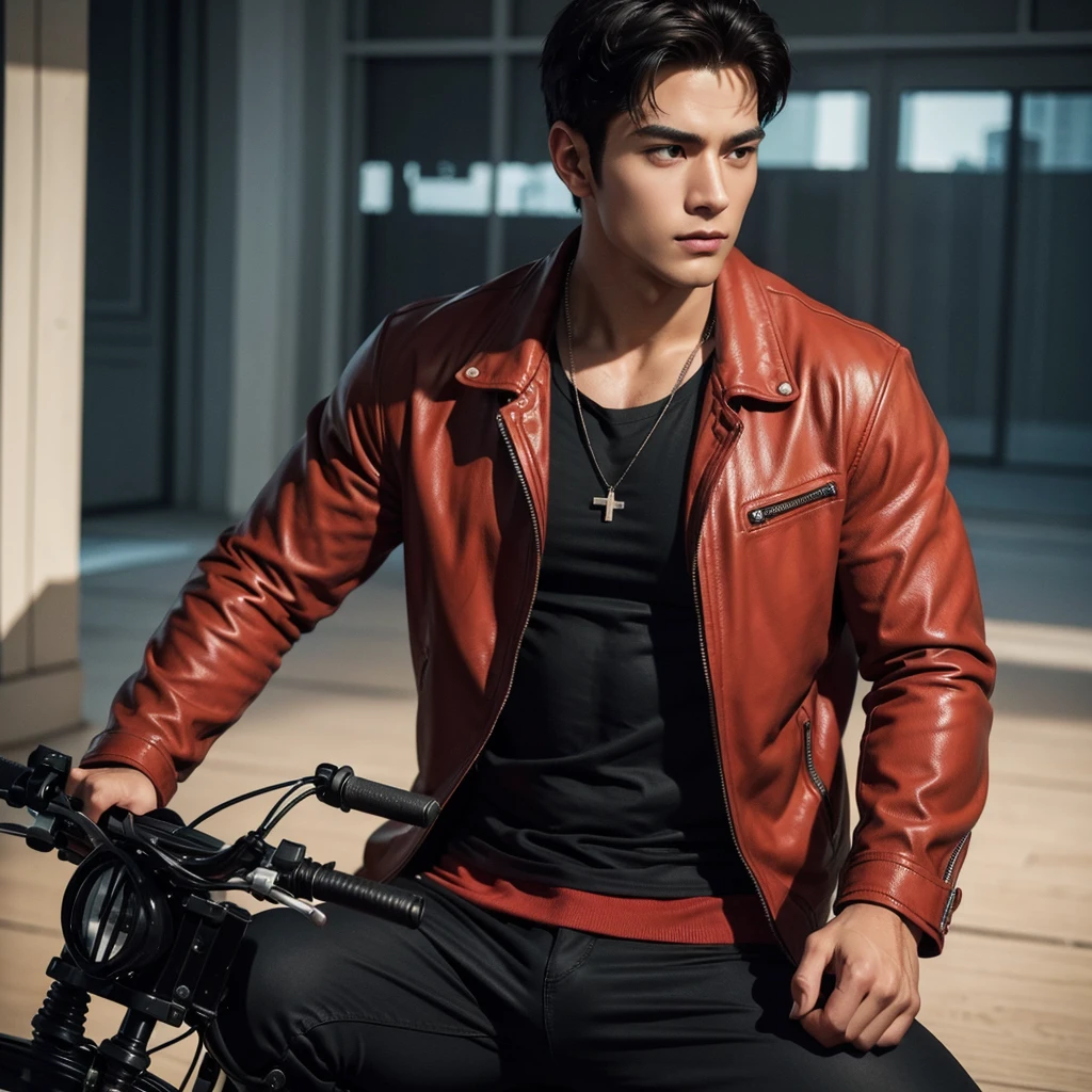 a muscular handsome man, extremely detailed face, perfect face, short hairstyle, looking at viewer romantically, ruby red jacket, black pants, ruby necklace, sexy look, smooth skin, riding red CB200x bike, (best quality,4k,8k,highres,masterpiece:1.2),ultra-detailed,(realistic,photorealistic,photo-realistic:1.37), view from 2 meters away,