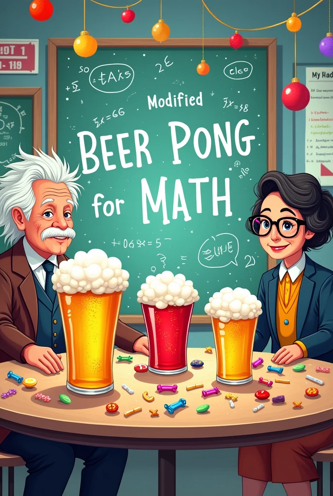 Make a design idea for a math carousel template, Please note that we chose an activity called Modified Beer Pong for Math (If a student correctly completes an exercise, he/she will be able to throw a ball and if he/she puts it in one of the cups, he/she will win a candy.) Make it with pictures of mathematical geniuses and lots of mathematical formulas and equations