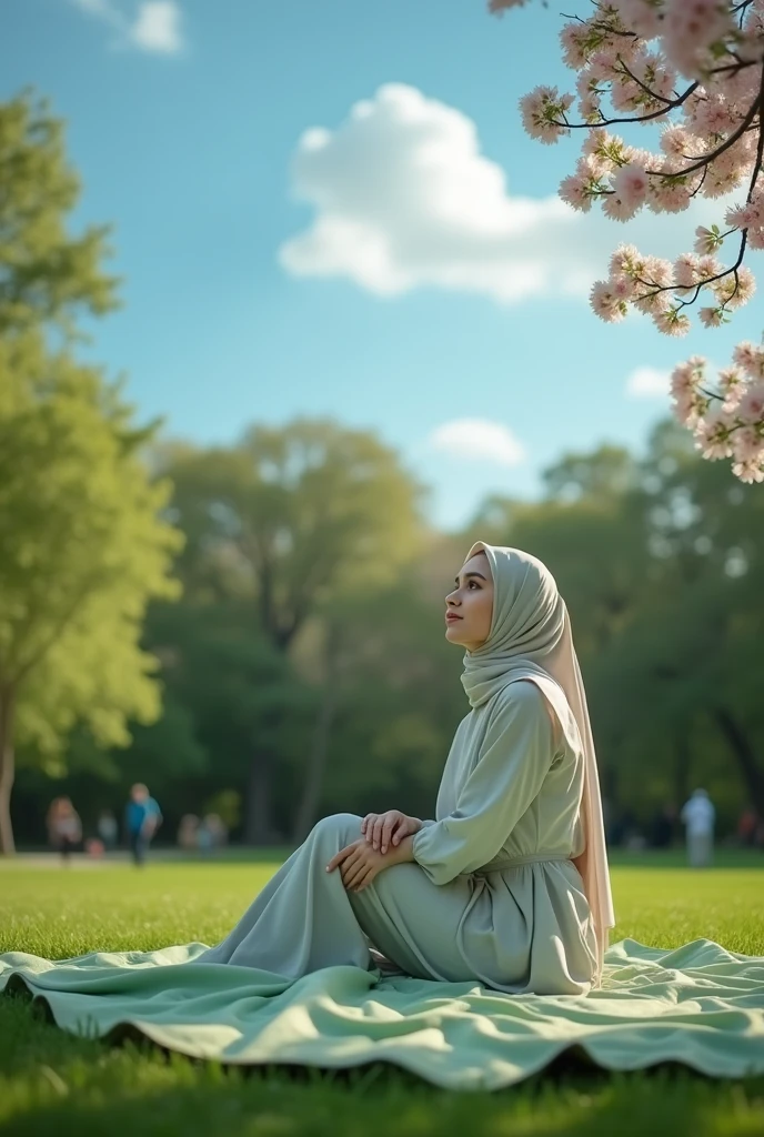 A fully nude muslim girl with large breasts is sitting in the park with the sky as the background
