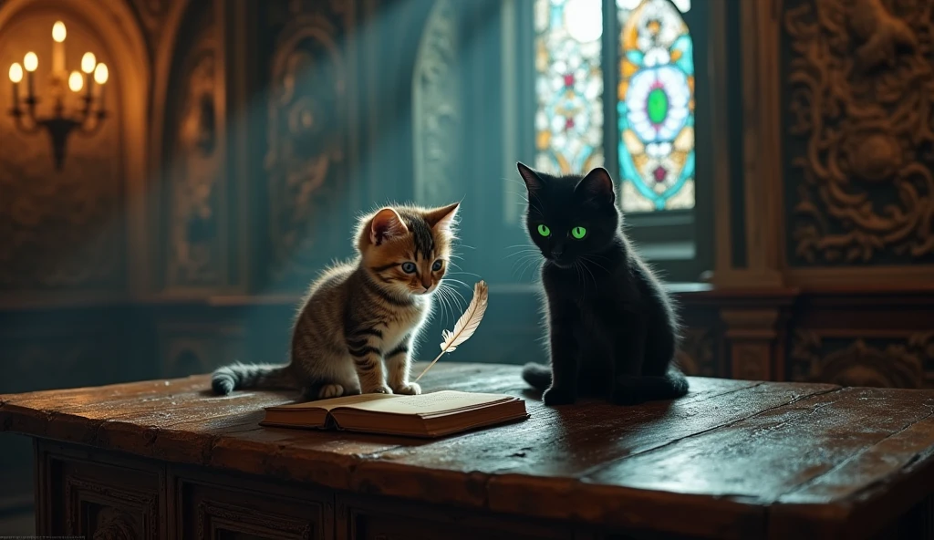 give me 2 kittens far apart on a mystical temple table from the 1800s with old books nearby with their eyes slightly glowing