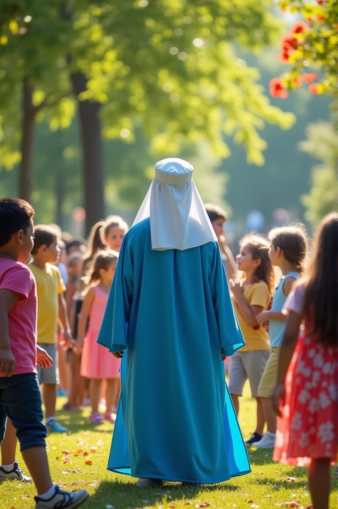 Only 1,blue habit,white hat, surrounded by children