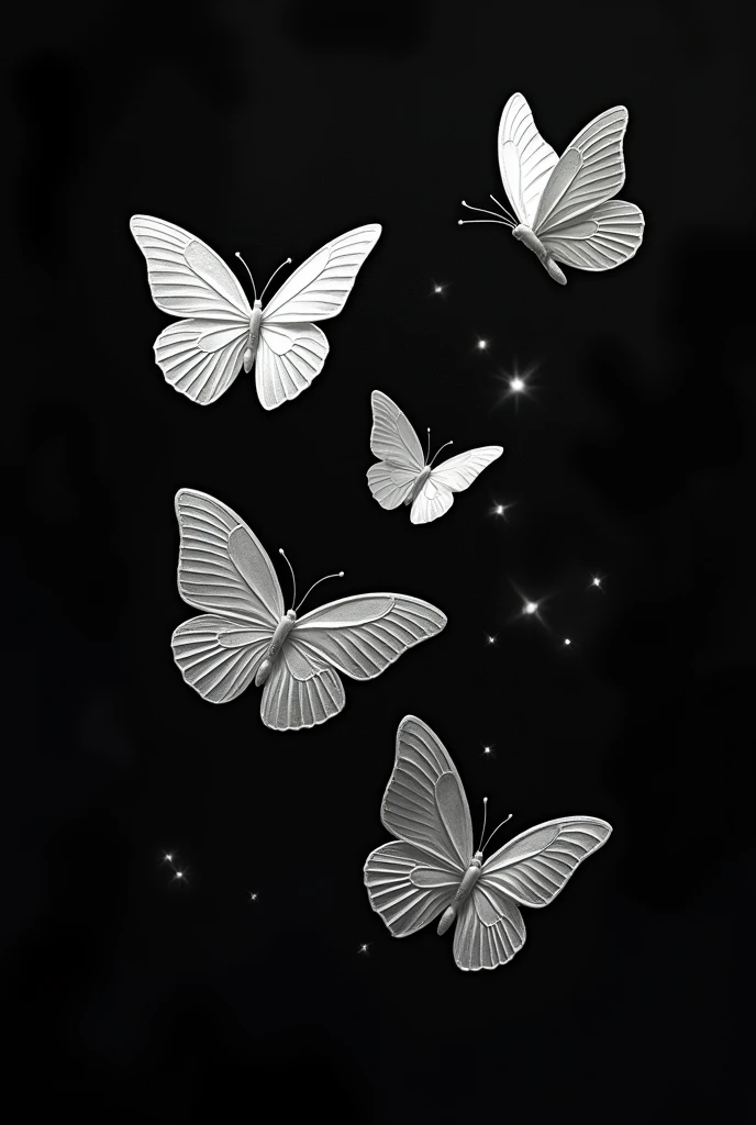 White butterflies with a black background, drawing style