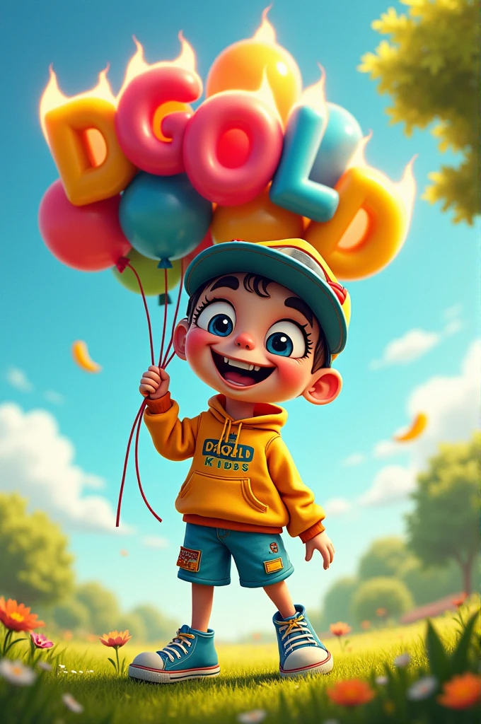 a cartoon character Frajola wearing designer brand clothes, the brand name DGOLD KIDS is written on the clothes, Frajola is holding balloons with the word DGOLD written on them, the letters on the balloons are on fire, the balloons are colorful and each balloon has a letter in order spelling out DGOLD, the text DGOLD KIDS is written in the brand name on the clothes