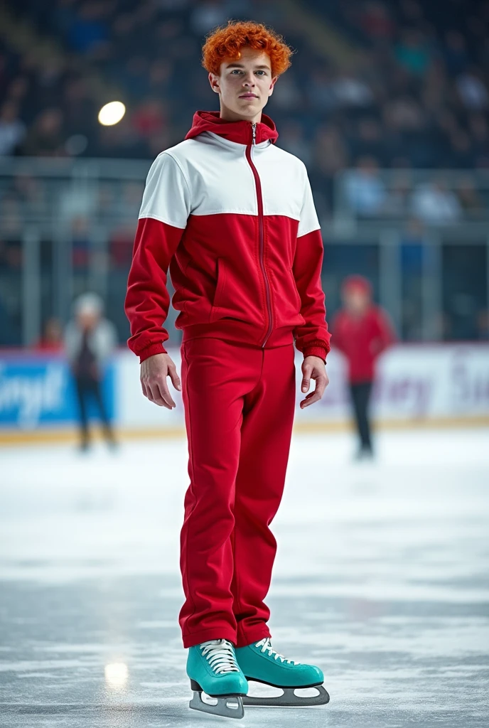 Draw a French national ice skating coach, young adult, fire red hair ,naughty man,pele caucasiana,greeneyes,turquoise ice skates, on the skating rink,wearing a trainer's outfit in the colors of the Polish flag