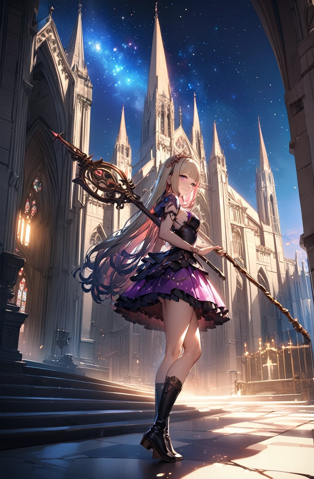 (Official art、Best Quality、Unity 8k Wallpapers、32K、​masterpiece、ultra-detailliert、超A high resolution、realisitic、Photorealsitic:1.2)、(Cinematic lighting:1.2)、Fireglow effect、film grains、Best Shadows、Rim lighting、side lights、sideshot、(Ultra-detailed and complex 3D rendering)、Detailed beautiful face and eyes、Sharp pupils、Realistic pupils、A slender、１Man Woman、Medium bust、(Full body:1.2)、 Highly detailed background、beauitful face、16-year-old beautiful girl、(super detailed skin、detailed skin textures:1.3)、(Half Blonde、Colorful hair:1.3)、Blunt bangs、white fantasy mage costume、white  shirt、Costumes with frills、frills skirt、knee high sox、(thighs thighs thighs thighs:0.8)、Black boots、(Fantastic and beautiful night sky、cathedral:1.4)、(carrying a magical staff:1.3)、(from side:1.3)、Fantastical、evil smile、I opened my mouth a little.