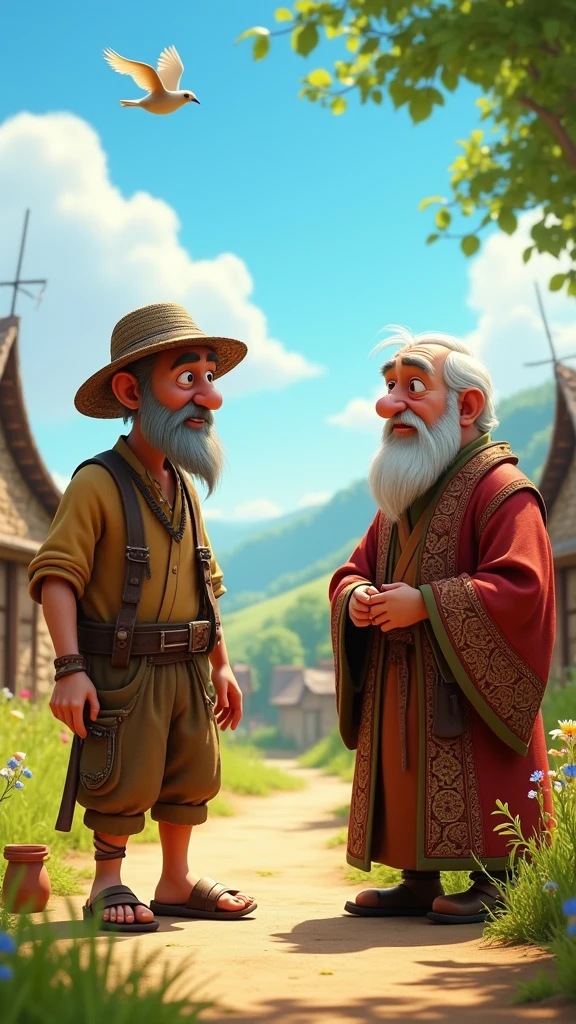 The old poor farmer's whit scene, Talking to the village elder . , 3d animation ,disney inspired, 8k