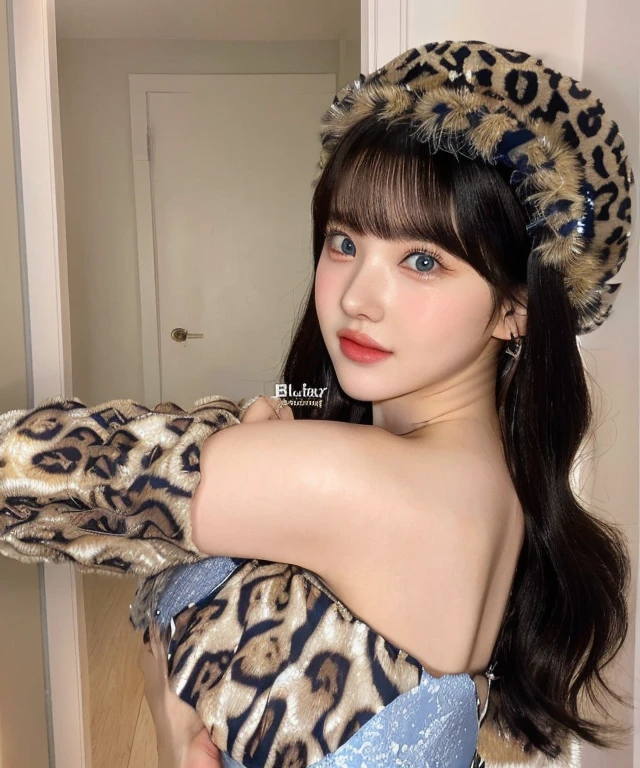 a close up of a woman wearing a leopard print hat and blue like eyes, belle delphine, dilraba dilmurat, lalisa manobal, young beautiful amouranth, with full bangs, amouranth, pokimane, ruan cute vtuber, lalisa manoban of blackpink, with bangs, anime girl in real life, jisoo from blackpink, popular south korean makeup, quality detailed ,(beautiful makeup :1.2), Wide hips, big, big ass, (best quality, 8K, masterpiece: 1.3), Clear focus: 1.2, Perfect body beauty: 1.4, strong abs, Very detailed face and skin texture. , detailed eyes, double eyelids, (long hair), having very marked curves, with greater volume in ((hips and breasts)), which makes the waist look much smaller ((wasp waist)).