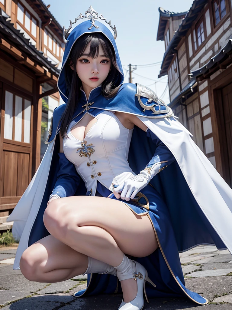 South korea asssassin's creed walk women mystery hooded on with modern royal Blue coat with buttons and royal Blue cape and very high white heel over the knee and white gloves, As she reveals a small secret hidden blade, adding to the characters mysterious, with small movements of air on the cape, in summer at night under the rain, with medieval South korea village featuring curved eaves and detailed architecture. sophisticated and highly detailed, ultra hd, realistic, hyper detailed, enhanced colours, ultra sharp focus, with vibrant, rich in details High quality, gorgeous, captivating, 8k, super detailed, stunning shadows, detailed lines, blood stain on clothes and walls, corpses in the street recently murdered
