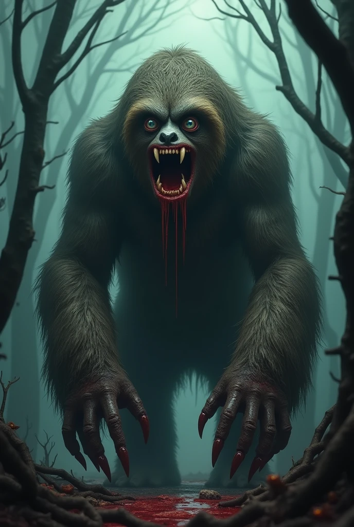horrific giant sloth, horror, gore, evil, dark, full body