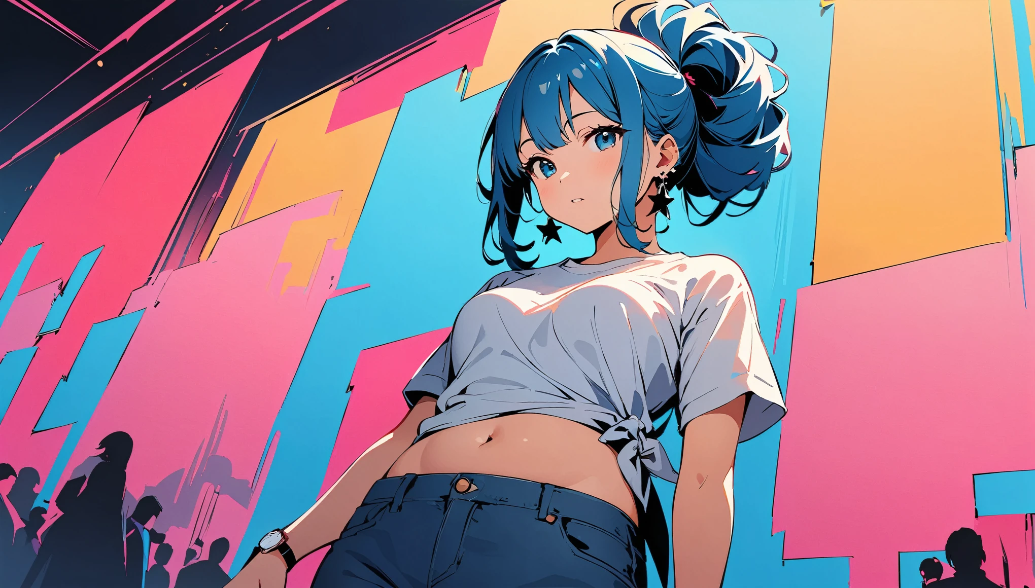 (high quality, 8k, 4K, High Contrast, masterpiece:1.2, 最high quality, Best aesthetics), (Dynamic Angle), ((1 female)), ((Single color background)), ((Flat Color)), Plain White T-shirt, jeans,Looking at the audience, Upper Body, Pop Background,Light background, High Contrast, Contrasting colors, Cowboy Shot,Pale pink and blue lighting,Long Hair,((Tied Hair)),Small Tits,Blue Hair,Small star-shaped earrings in both ears,watch,belly button