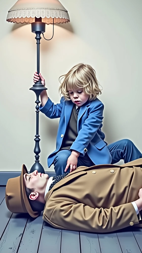 Make a drawing of this boy who is next to this man in a hat being extinguished by chloroform with a cloth on his face and sleeping.