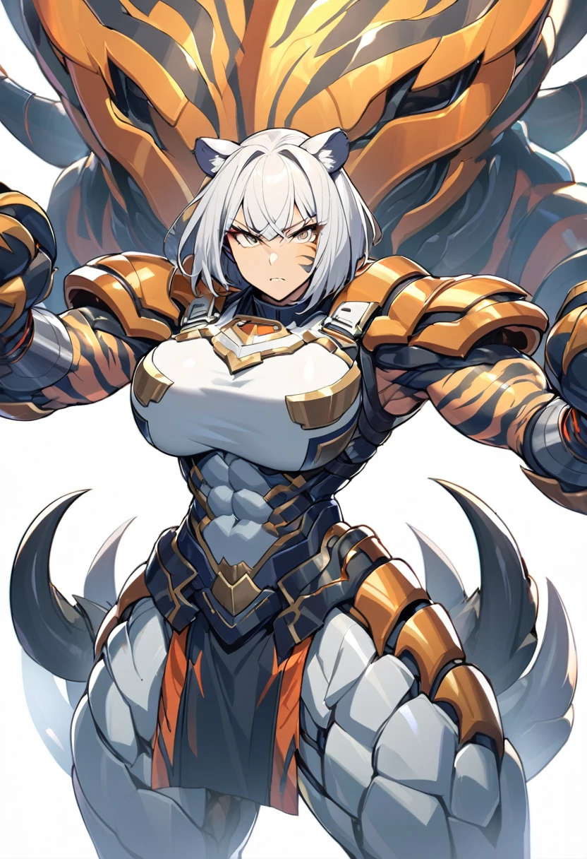 1woman, solo, short bob, woman, large breasts, abs, chest plate, waistcloth, Beastly limbs, Humanoid face and body, Powerful claws, Tiger ears, Tiger stripes on cheeks, standing, Serious face,