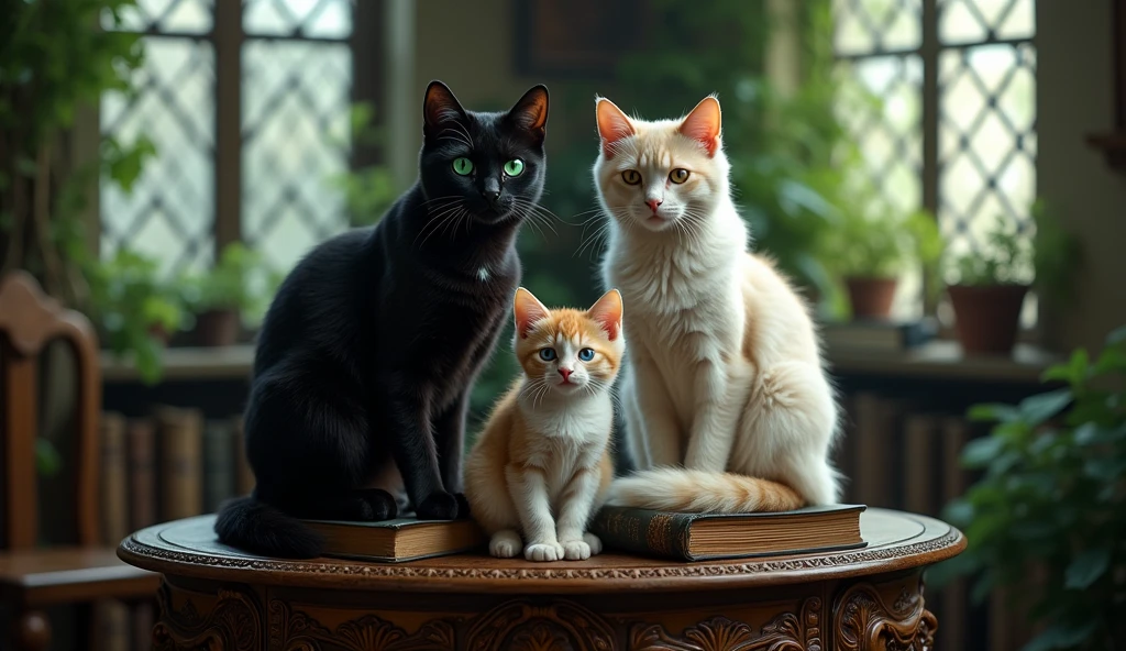 give me a couple of cats with their child next to them on a mystical temple table from the 1800s with old books nearby with their eyes slightly shining