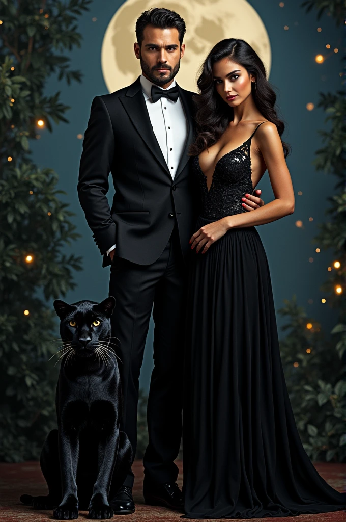 The black panther takes the form of a well-dressed man, looking straight at the screen with a serious expression. there isa panther and a girl sexy