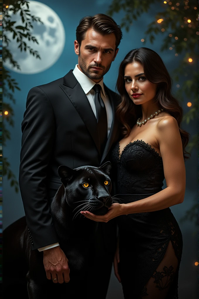The black panther takes the form of a well-dressed man, looking straight at the screen with a serious expression. there isa panther and a girl sexy