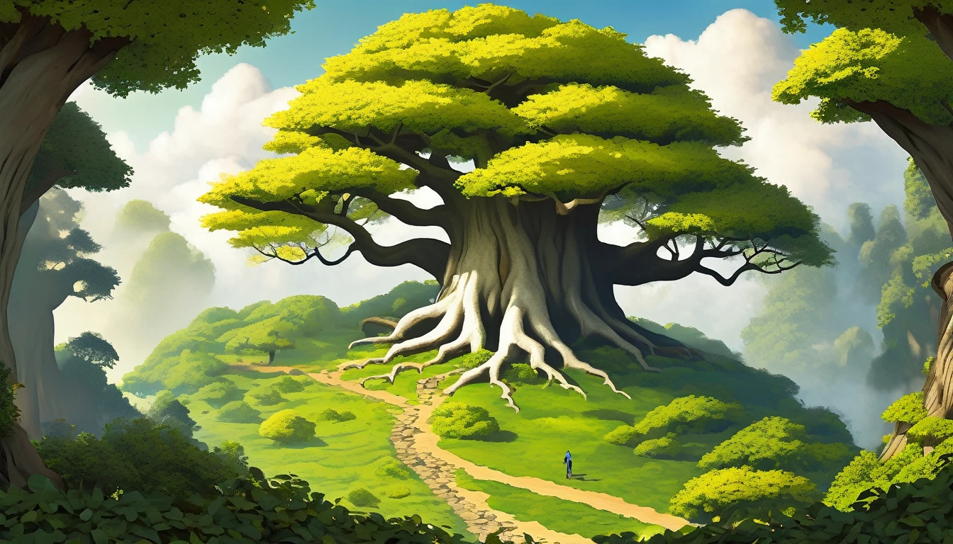 giant magical tree, the sixe of half the planet, (super tall), taller than all the other trees, white leaves, overshadowing village