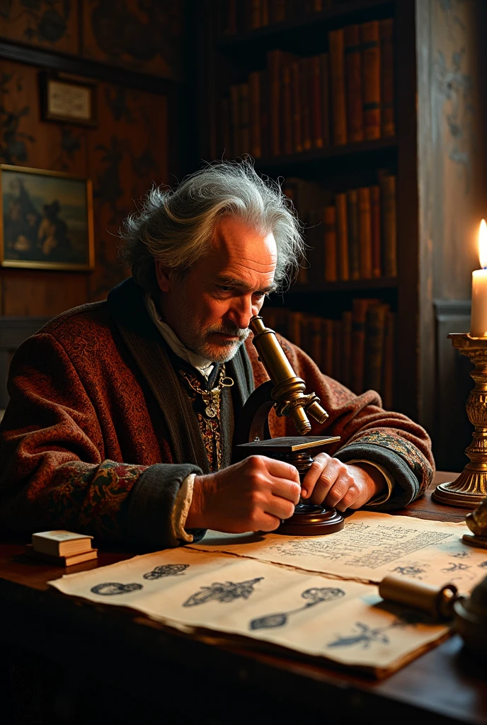 : Shows Malpighi looking through a simple microscope in a 17th-century study, surrounded by scrolls and anatomical drawings.