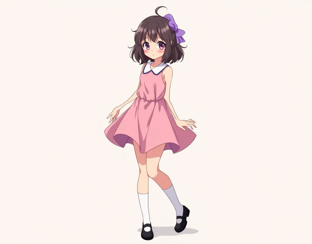 17 year old anime girl with sleeveless pink dress, peter pan collars, knee length hemline,mary jane shoes, purple bow in hair. plain background.