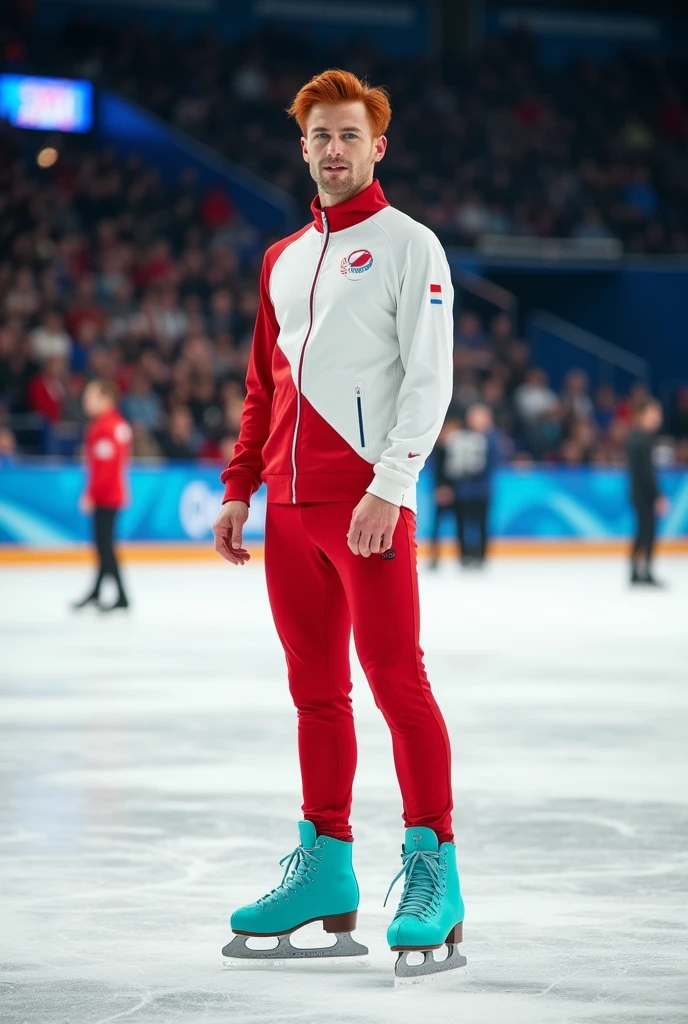 Draw a French national ice skating coach, young adult, fire red hair ,naughty man,pele caucasiana,greeneyes,turquoise ice skates, on the skating rink,wearing a trainer's outfit in the colors of the Polish flag