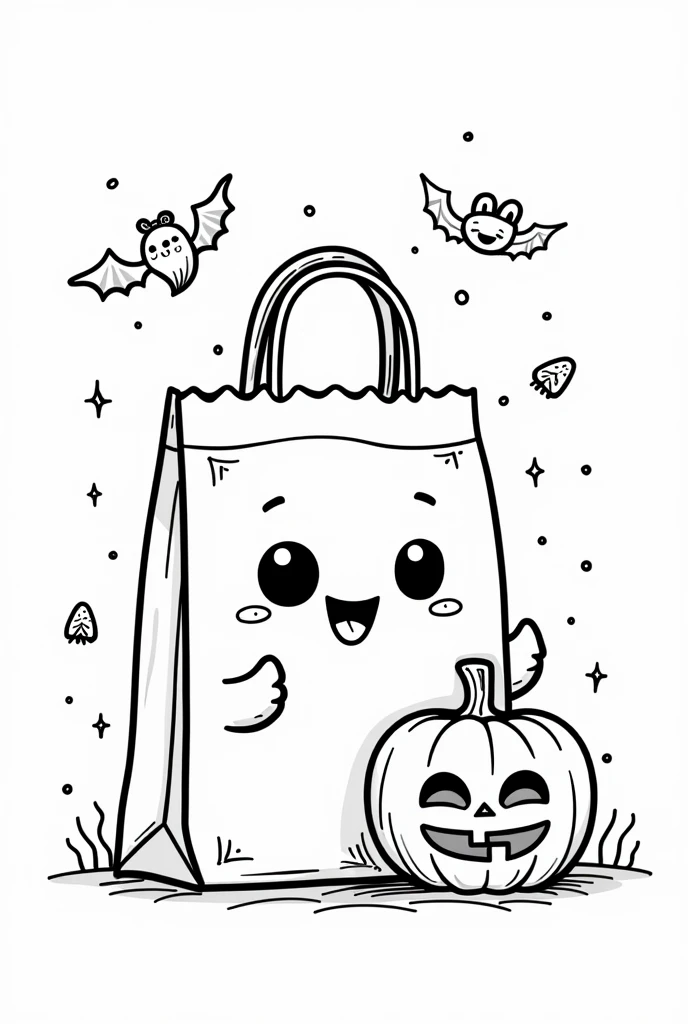 Cute and Kawaii Halloween Trick or Treat Bag coloring Page, simple for toddlers, bold and easy, black boldlines, White background, for a coloring book black and white, line art, only outlines, but the design is simple and bold, no greyscale