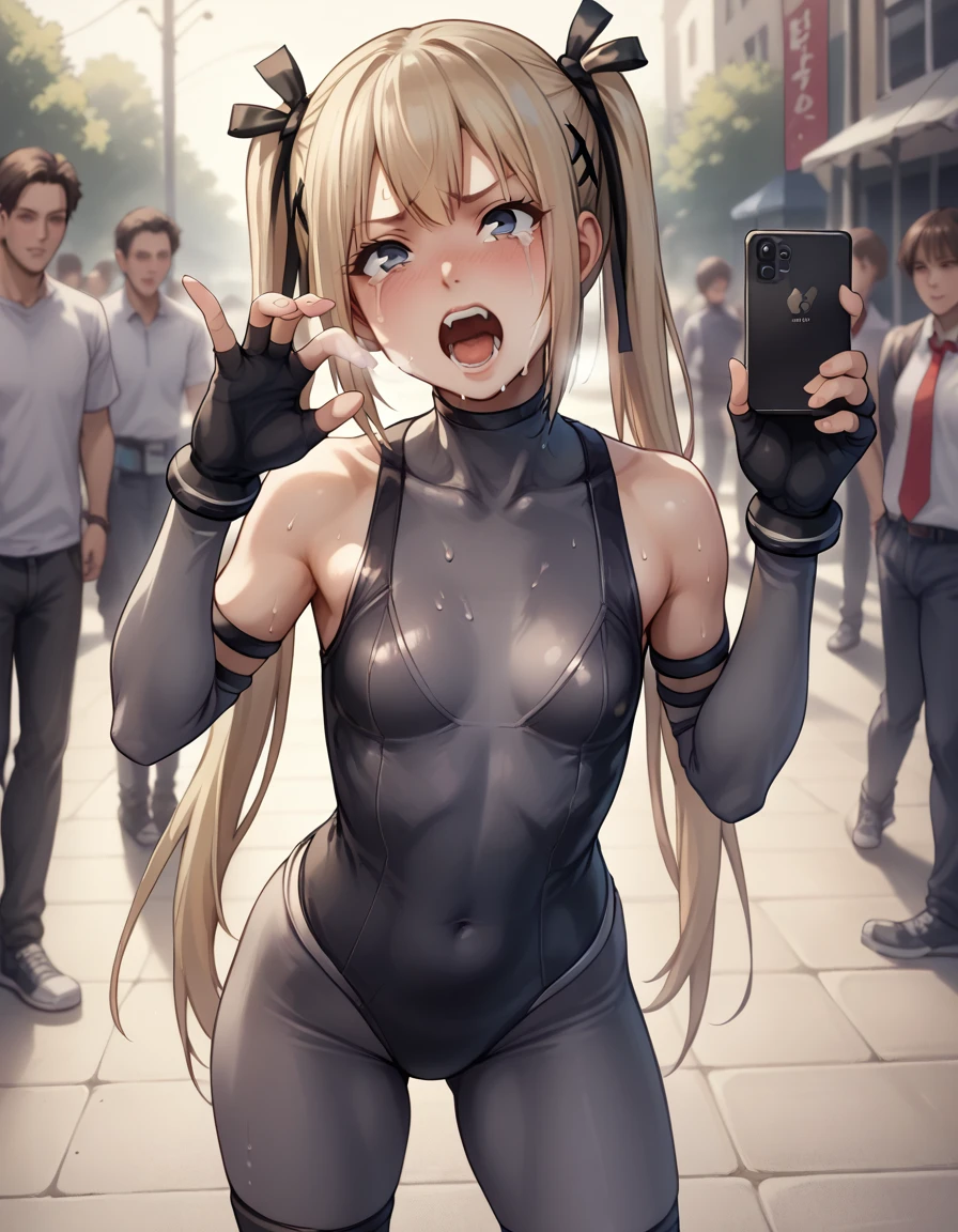 Marie Rose, A bodysuit worn under clothing, Fingerless gloves, leotard, Removable sleeves、Photographed with a smartphone、、、Escape to, score_9, score_8_superior, score_7_superior, score_6_superior, score_5_superior, score_4_superior、Inspired by Japanese manga style, Manga style, How to draw manga, Digital drawing, An 8K masterpiece depicting a Japanese manga about girls in their twenties, Act as a slave, Anguished expression, A gesture of defeat,  . She is crying and screaming. , shortness of breath, , close your eyes, fatigue, Sweaty. . My open fingers are rough. whole body. . Six Pack Abs. . information. Surrounded by a crowd.full body、drunk、