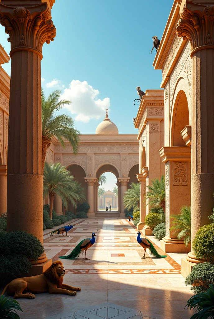 a mystical egyptian and greek architecture plaza filled with wild animals, intricate details, cinematic lighting, stunning 8k, masterpiece, photorealistic