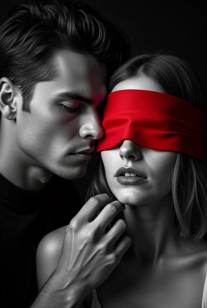  In black and white, depict a man holding a woman's face in an obsessive manner. The woman's face should be blindfolded with a bright red blindfold (the only color in monochrome picture) with a visible dry tear stain on one cheek. The man’s expression should be intense and focused, adding to the obsessive theme.  The Man should be 25 years old, very handsome with sharp jawline and no facial hair or beard in the face and looks young unlike his age of 25. the woman looks younger than her age of 22, her hair is shoulder length and slightly wavy. no face piercing on both. Their position should be like this. The man held the women from behind, his veiny strong hands holding the woman's chin up. The man's eyes shows dark intentions while looking toward the woman. The blindfold should only be around the woman's eye area. Her facial expression shows fear and despair. The woman has a nice and smooth jawline, small face and small kissable lips. 