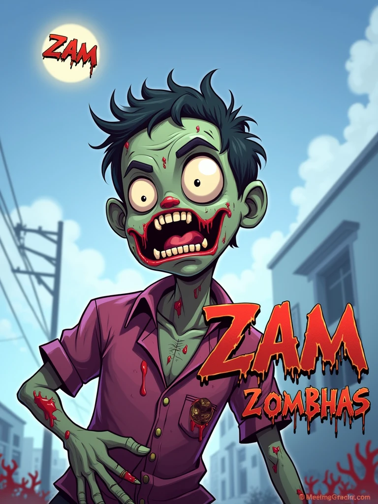 on top of the image sent, zombie theme in drawing, with the name ZAM at the top and the name MascaZombieRanhas at the bottom visibly, both names have to appear, ZAM at the top and MascaZombieRanhas at the bottom, you are writing the names wrong, the correct name is ZAM and the other name MascaZombieRanhas exactly like that.