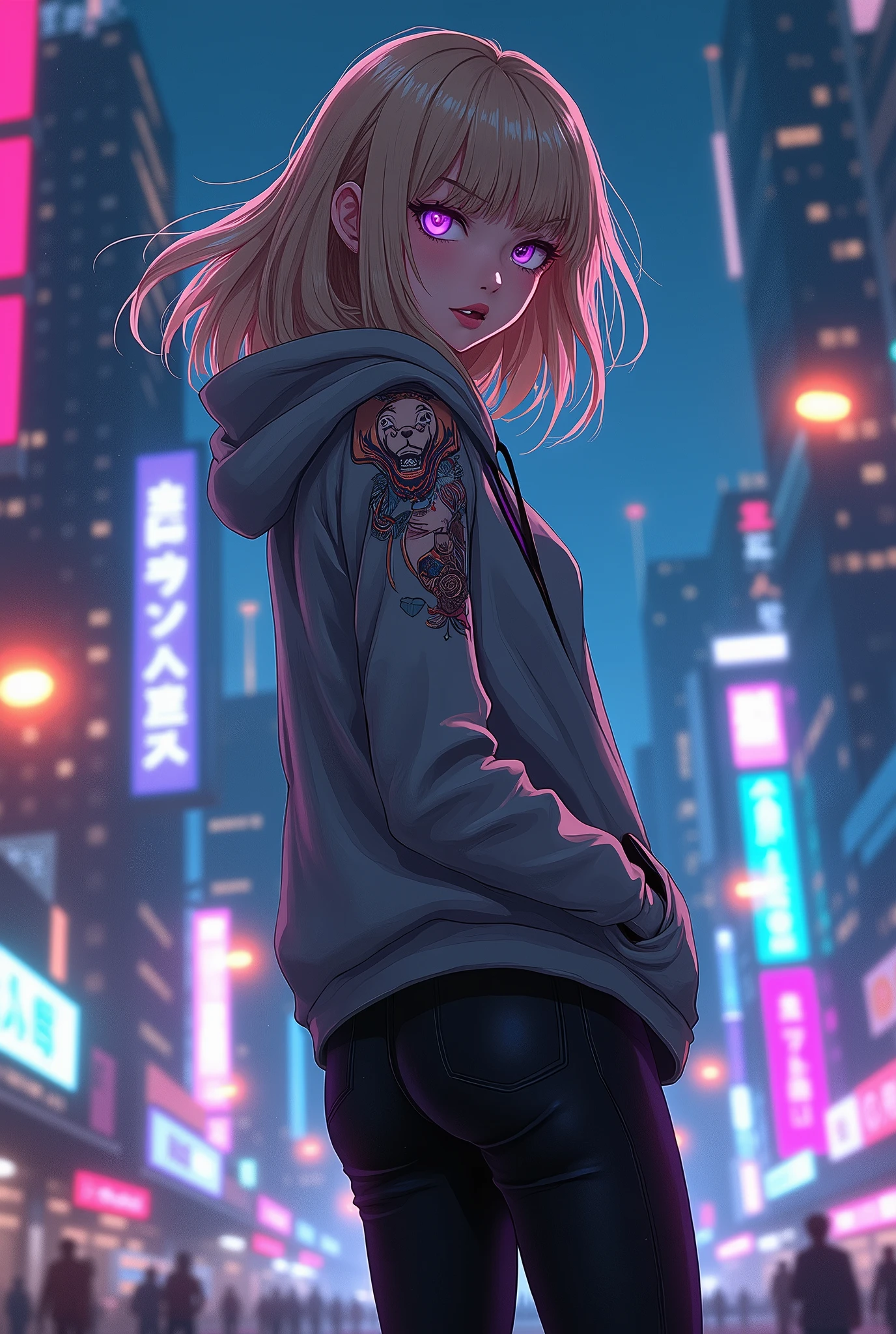 Young adult Asian Indigenous woman with shoulder-length blonde hair and white skin., violet eyes. annoyed. escaping, She wears a gray hoodie and black leggings, cyberpunk anime style