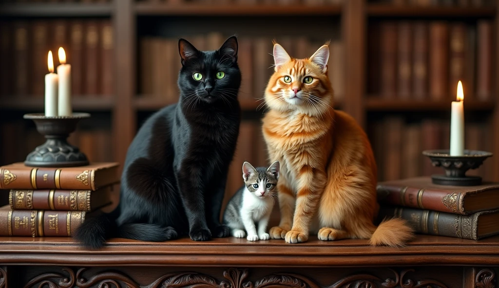 give me a couple of cats with their child next to them on a mystical temple table from the 1800s with old books nearby with their eyes lightly shining 3 candles on the table in the distance